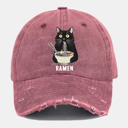 Vintage Ramen Cat'S Delicious Moment Ripped Washed Cap