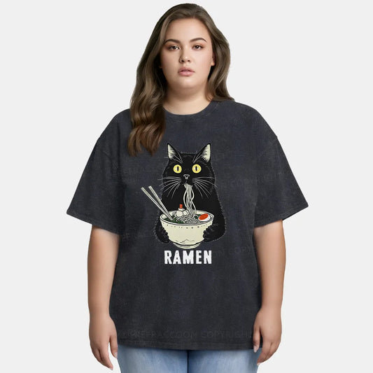 Vintage Ramen Cat'S Delicious Moment Washed T-Shirt