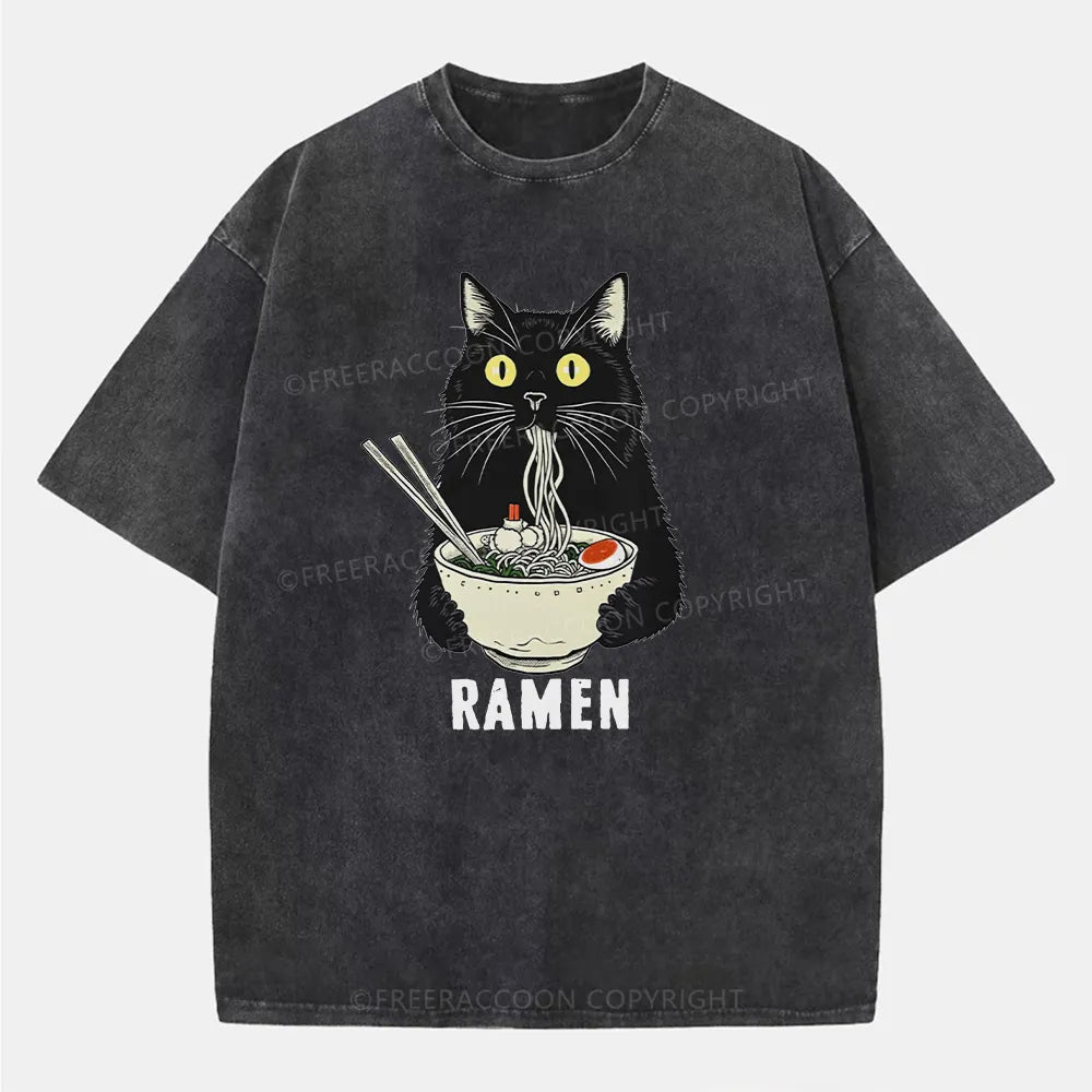 Vintage Ramen Cat'S Delicious Moment Washed T-Shirt