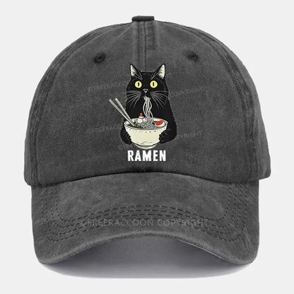 Vintage Ramen Cat'S Delicious Moment Washed Cap