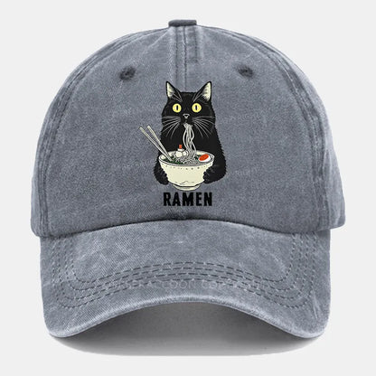 Vintage Ramen Cat'S Delicious Moment Washed Cap