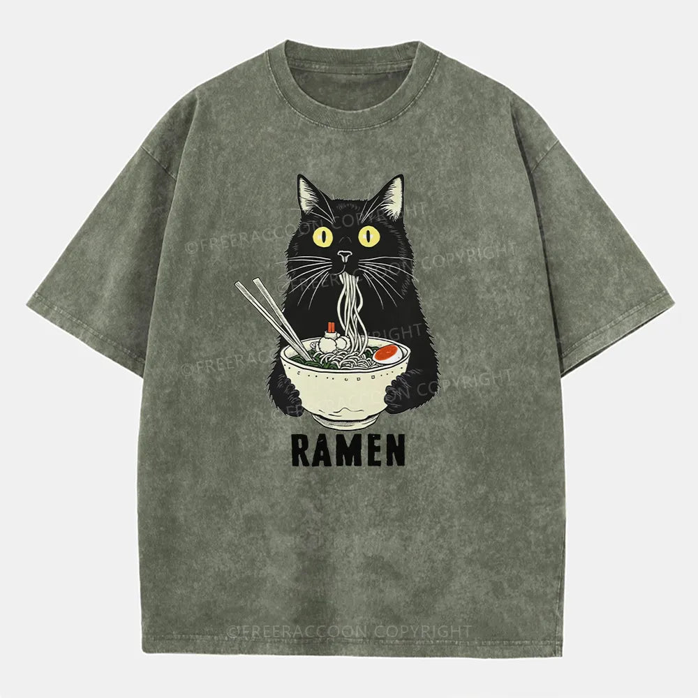 Vintage Ramen Cat'S Delicious Moment Washed T-Shirt