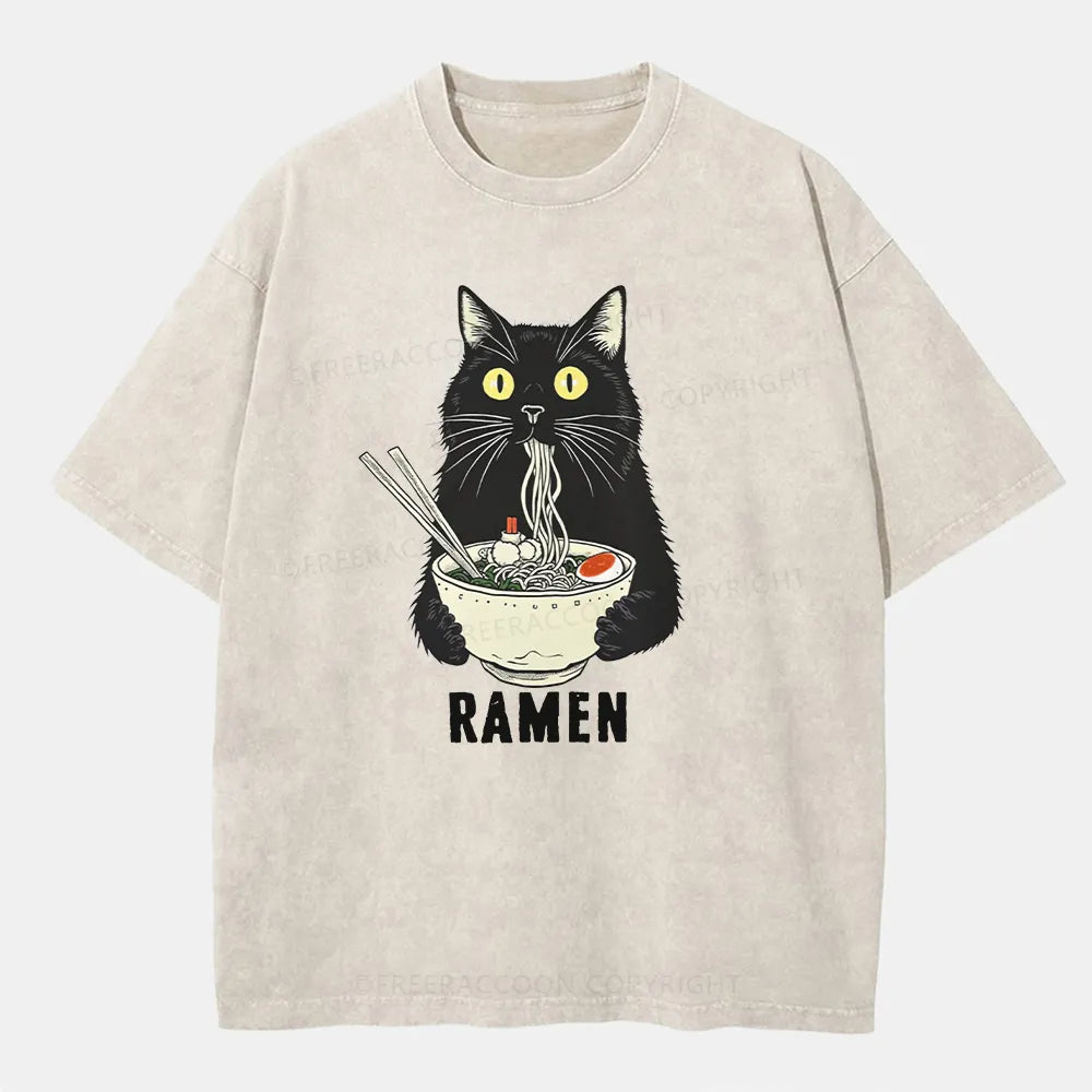 Vintage Ramen Cat'S Delicious Moment Washed T-Shirt