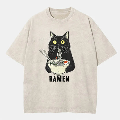 Vintage Ramen Cat'S Delicious Moment Washed T-Shirt