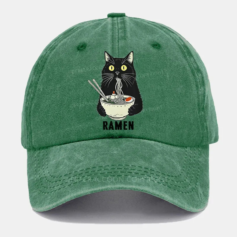 Vintage Ramen Cat'S Delicious Moment Washed Cap