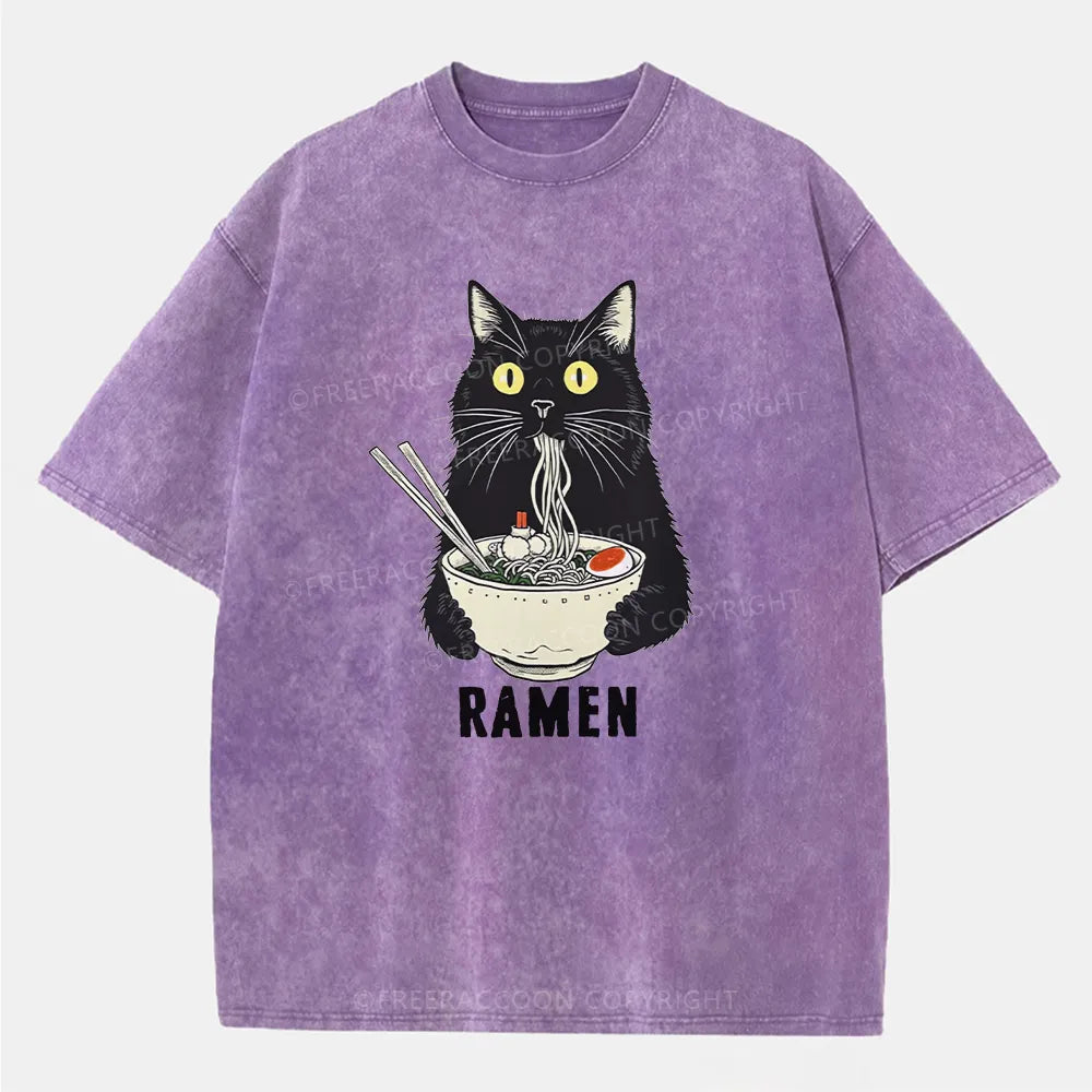 Vintage Ramen Cat'S Delicious Moment Washed T-Shirt