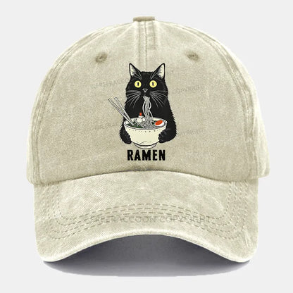 Vintage Ramen Cat'S Delicious Moment Washed Cap