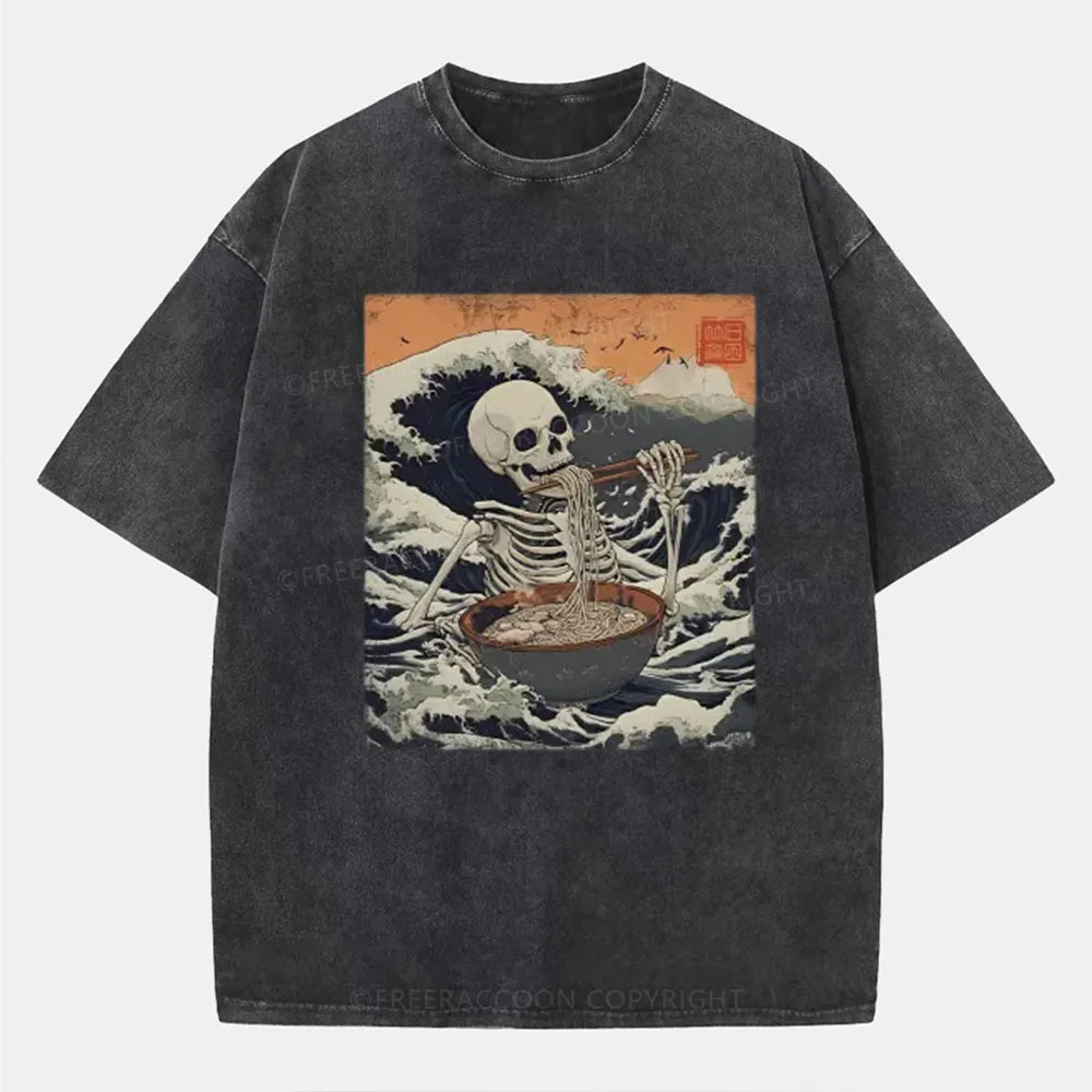 Vintage Ramen Lover Japanese Skeleton Washed T-Shirt