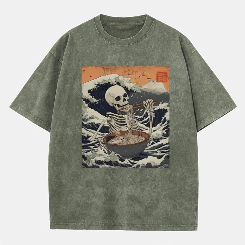 Vintage Ramen Lover Japanese Skeleton Washed T-Shirt