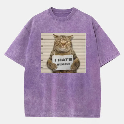 Vintage Cat Funny I Hate Humans Washed T-Shirt