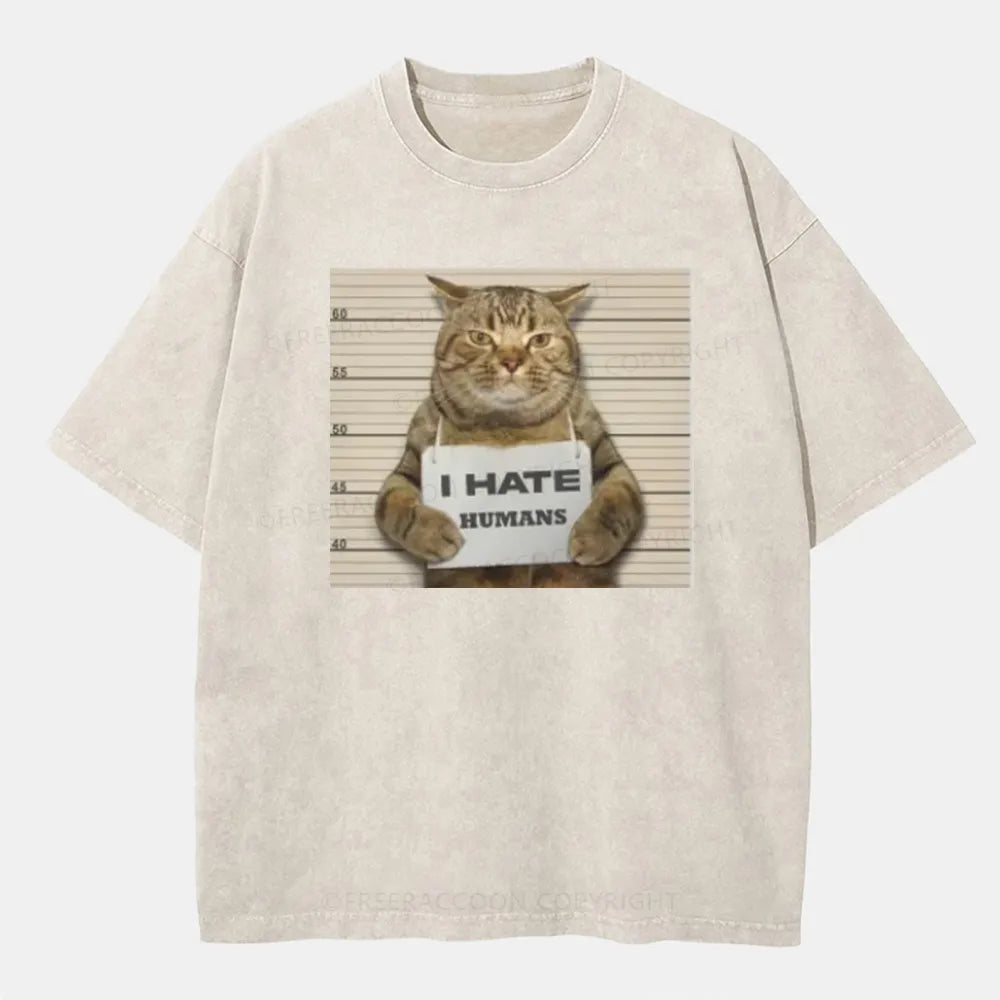 Vintage Cat Funny I Hate Humans Washed T-Shirt