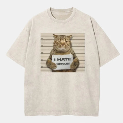 Vintage Cat Funny I Hate Humans Washed T-Shirt