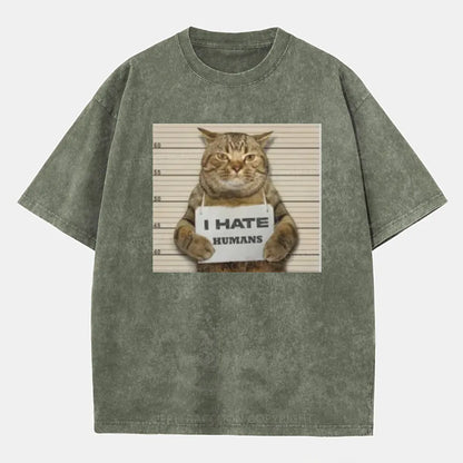 Vintage Cat Funny I Hate Humans Washed T-Shirt