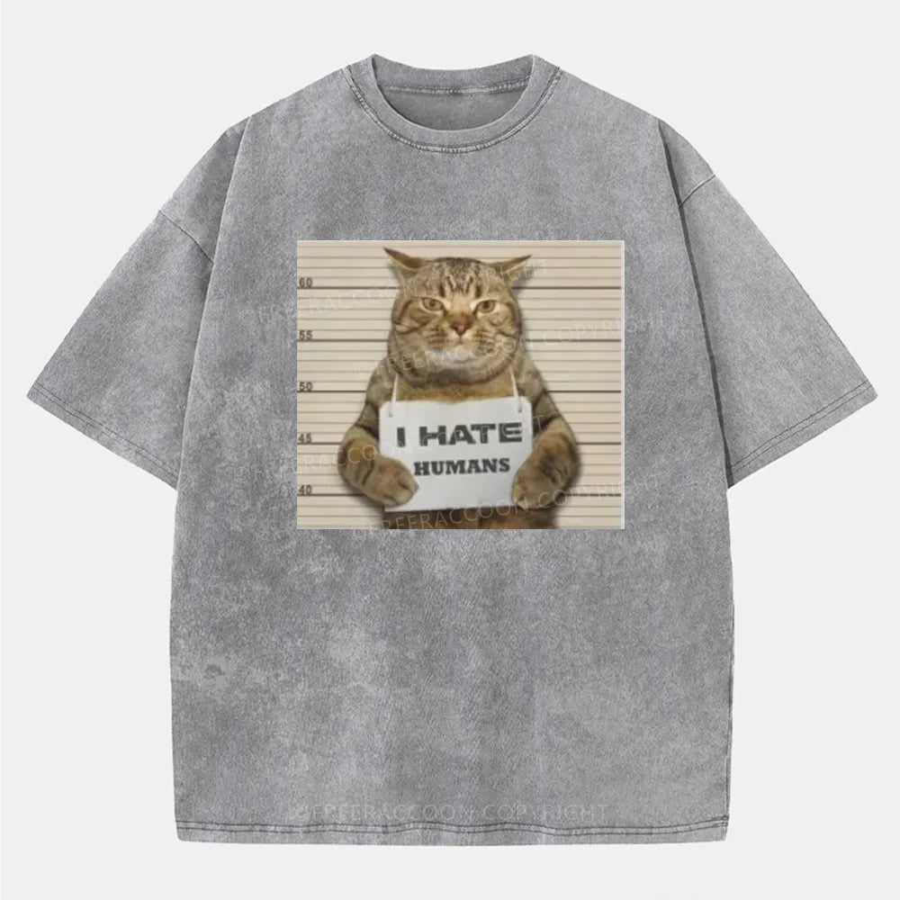 Vintage Cat Funny I Hate Humans Washed T-Shirt