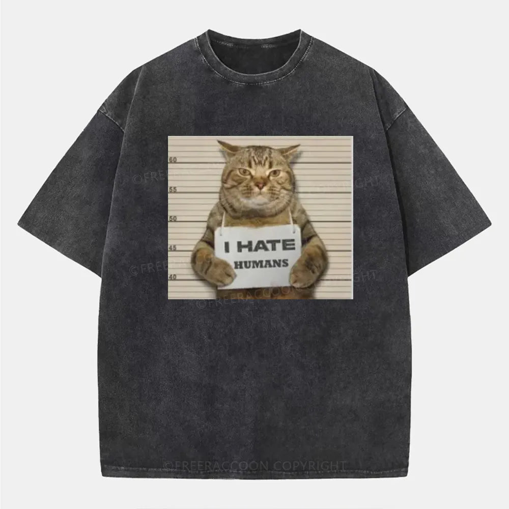 Vintage Cat Funny I Hate Humans Washed T-Shirt