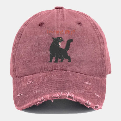 Vintage Sarcastic I'M Fine Cat Ripped Washed Cap