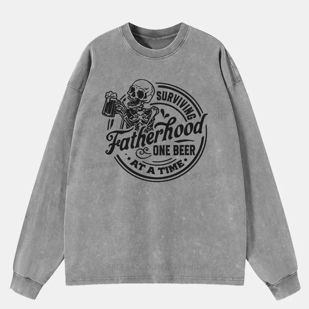 Vintage Surviving Fatherhood One Beer At A Time Washed Long Sleeve Shirt