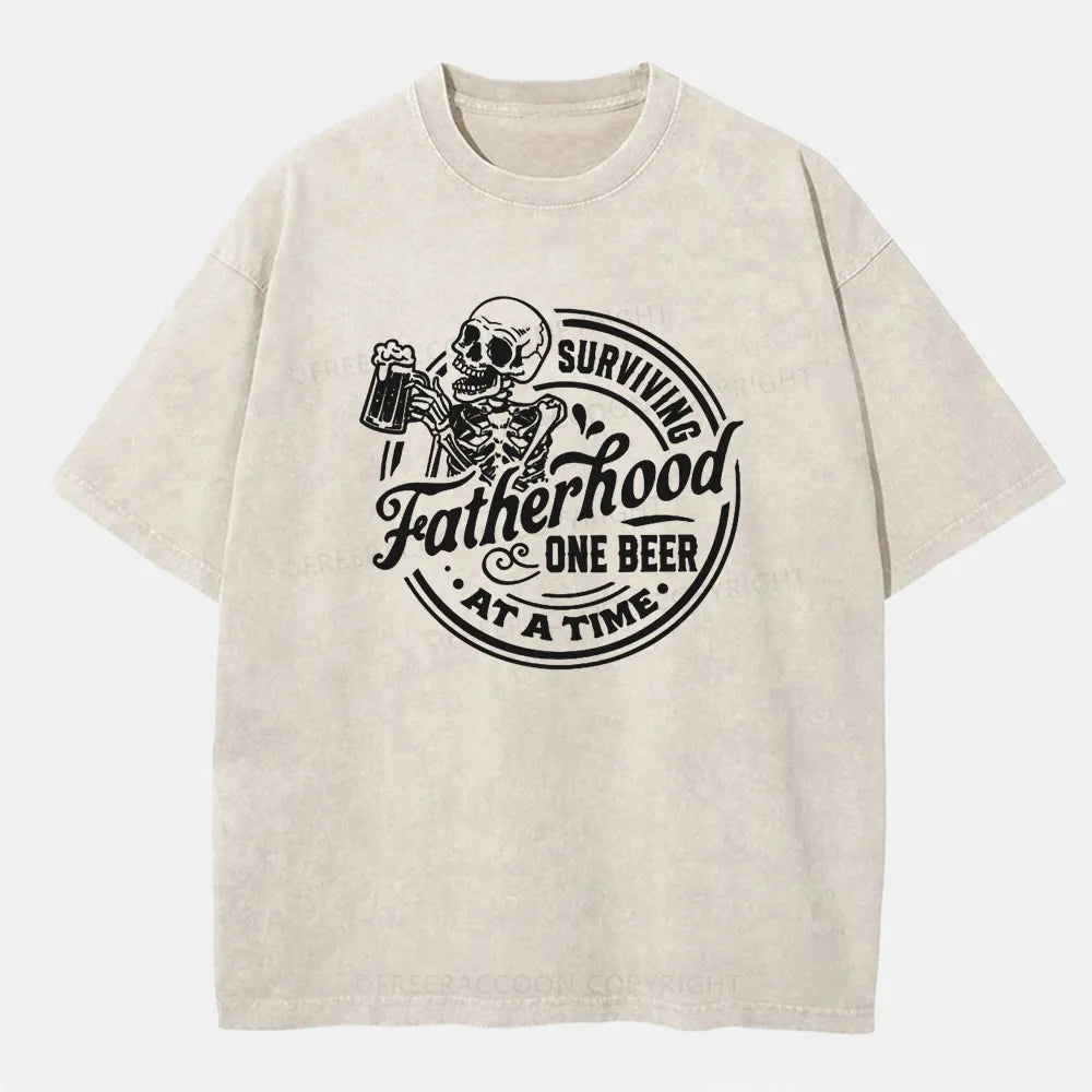 Vintage Surviving Fatherhood One Beer At A Time Washed T-Shirt