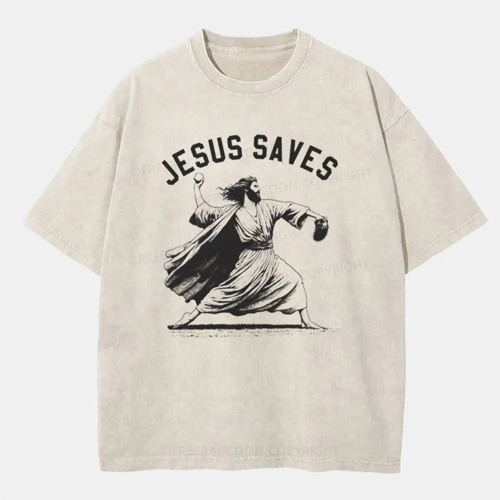 Vintage Jesus Saves Playing Baseball Washed T-Shirt