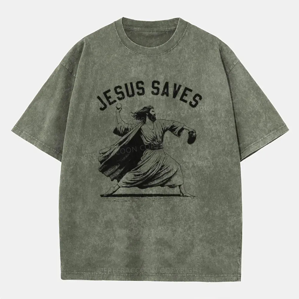 Vintage Jesus Saves Playing Baseball Washed T-Shirt