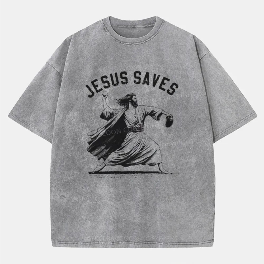 Vintage Jesus Saves Playing Baseball Washed T-Shirt