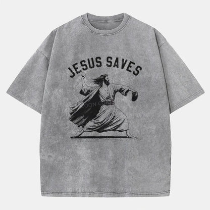 Vintage Jesus Saves Playing Baseball Washed T-Shirt