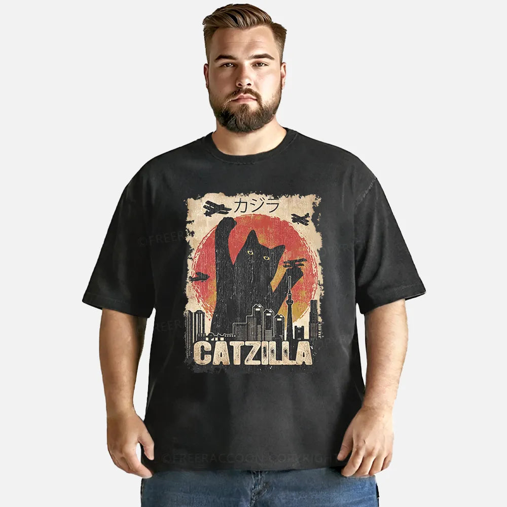 Vintage Catzilla Funny Black Cat Washed T-Shirt